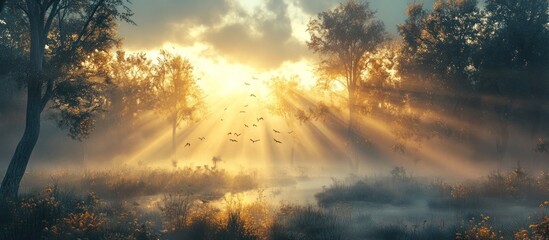 Naklejka premium Golden sunrise beams through a misty forest with birds flying overhead.