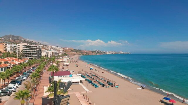 Beautiful aerial shot over beach in Costa del Sol, Fungirola, Spain