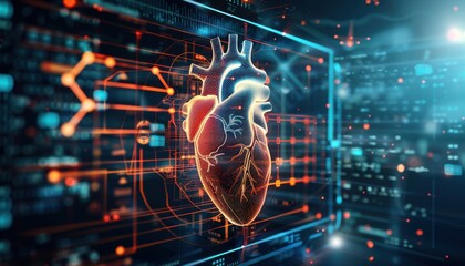 Heart testing results on digital interface on laboratory or surgical background, innovative technology in science and medicine concept. medical technology