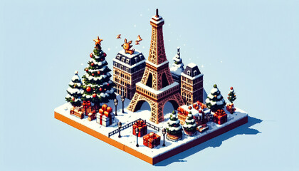 pixel art style Illustration against light background with space for text, isometric