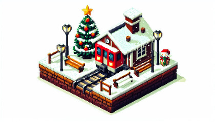 pixel art style Illustration against light background with space for text, isometric