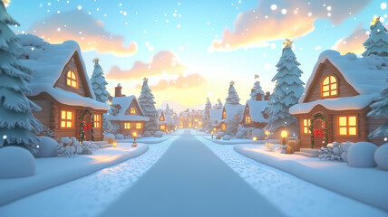 Fototapeta premium Cartoon winter scene with houses christmas trees and open center