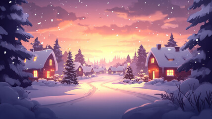 Fototapeta premium Cartoon winter scene with houses and christmas trees for text