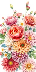 Watercolor painting of a vibrant floral arrangement with roses, dahlias, and daisies on a clean white background, vibrant, roses
