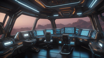 High-Tech Spaceship Interior with Holographic Control Panels, Sci-Fi Design, 3D Render.