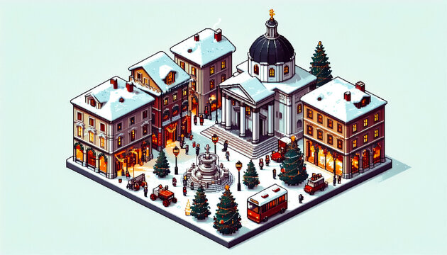 pixel art style Illustration against light background with space for text, isometric