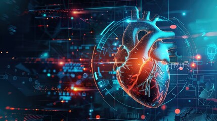 Obraz premium Heart testing results on digital interface on laboratory or surgical background, innovative technology in science and medicine concept. medical technology