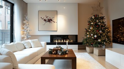 Modern minimalist Christmas decor in a contemporary living room