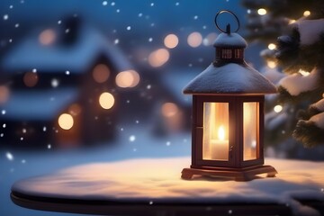 A cozy lantern glowing softly on a snowy table during the Christmas season, surrounded by twinkling lights and festive decorations