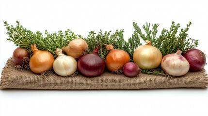 Arrangement of yellow, red, and white onions on a burlap sack background, with earthy tones and subtle herbs