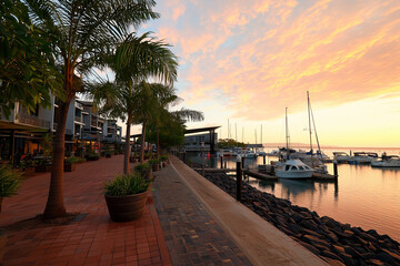 Sunset marina with boats docked and palm-lined promenade under colorful sky