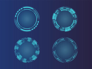 Set of technological HUD rounds design. Futuristic circle. Virtual graphic. Dashboard display. Sci-fi and Hi-tech elements. GUI and UI. Modern technology. Vector illustration