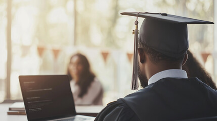 Obraz premium E learning graduate celebrating with friends on video call