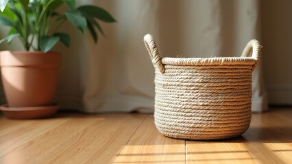 Fototapeta premium Durable Hemp Rope Basket on Polished Wooden Floor for Versatile Storage