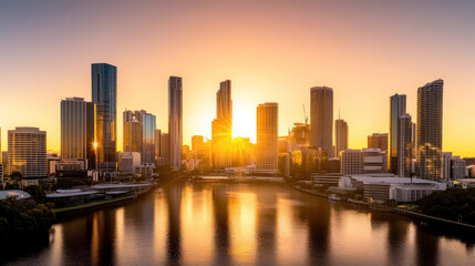 Fototapeta premium Sunset Over a Bustling Cityscape Reflecting in the Water