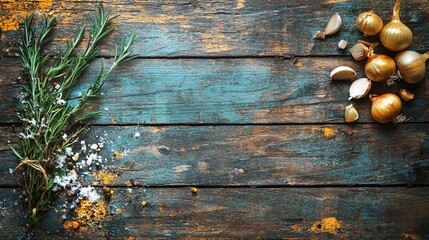 Fototapeta premium Golden onion bulbs on a rustic wooden background, decorated with sprigs of rosemary and garlic cloves