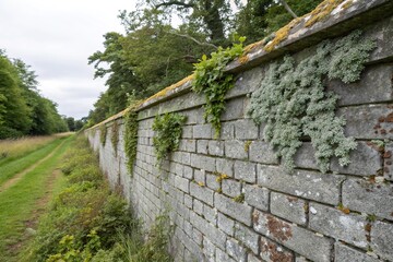 Weathered gray grunge brick wall with intricate patterns of lichen and moss growth, worn, pattern, decay, grunge, weathered