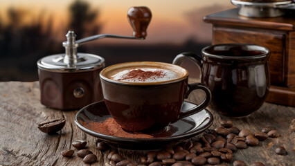 Sunset Coffee Moment – Frothy Cappuccino with Rustic Grinder and Coffee Beans on Wooden Table