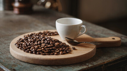 Rustic Coffee Beans Display with Empty Cup and Vintage Spoon on Wooden Cutting Board