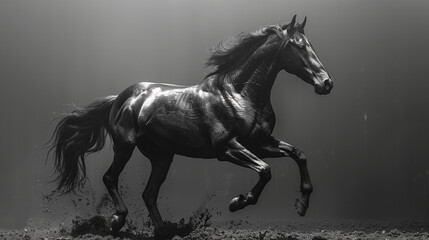 Majestic strong horse captured in strength and grace gallops in black and white on dark background. 