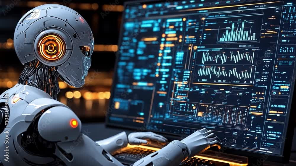 Poster futuristic robot working diligently at a high-tech computer in a dimly lit control center