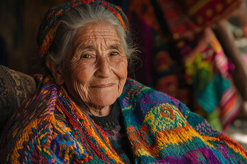 Fototapeta premium Elderly craftswoman weaving colorful blanket design.