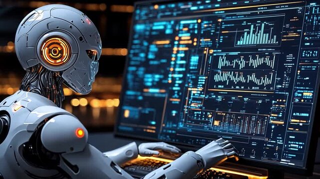 Futuristic robot working diligently at a high-tech computer in a dimly lit control center