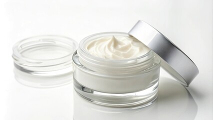 White cosmetic cream in a sleek glass jar against a clean white background, skincare, cosmetics, makeup, smooth surface