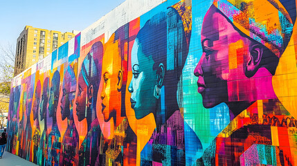 Fototapeta premium large mural on a city wall painted during Black Awareness Day, featuring important figures in African and diaspora history, bright colors and symbols of strength and unity, Ai generated images