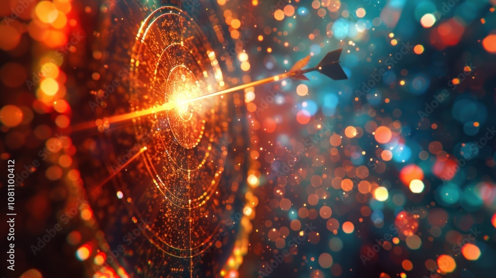 Poster a glowing arrow strikes the center of a futuristic dartboard, with a bokeh background of red and blu