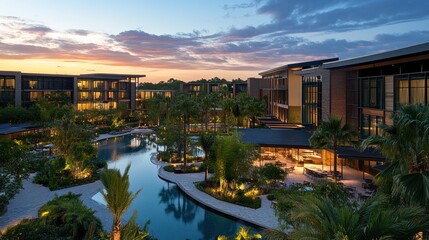 A luxury resort with a winding pool, surrounded by lush greenery and modern architecture. The setting sun casts a warm glow over the scene, creating a tranquil and inviting atmosphere.