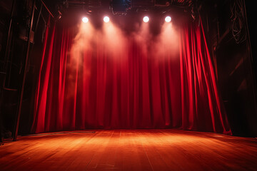 A stage with rich red curtains illuminated by three bright spotlights from above.