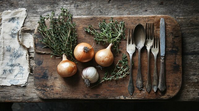 Whole onions on an old wooden board, with vintage silverware and small green herbs for warmth