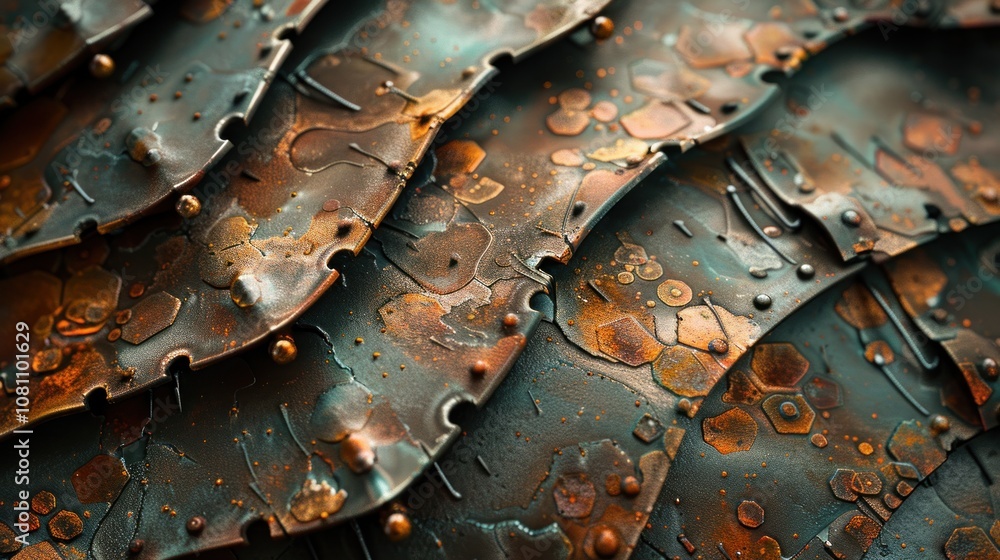 Poster a close-up of a metallic surface with a scaly pattern.