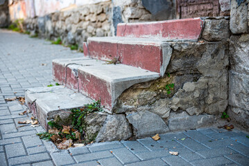 Old Crumbling Stone Steps at Entrance. A Glimpse into the Past