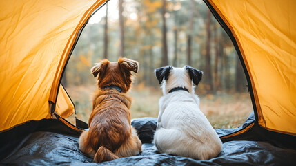 Two dogs relax in a tent, taking in the forest view on a camping adventure
