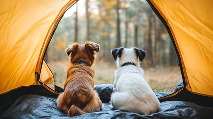 Fotobehang Two dogs relax in a tent, taking in the forest view on a camping adventure © Michael