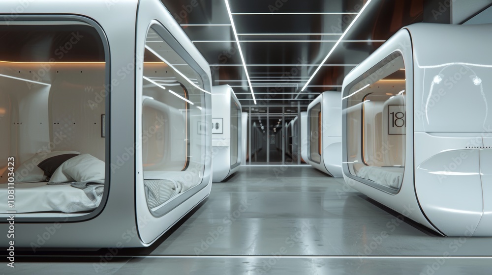 Poster futuristic sleep pod in abandoned terminal generative ai