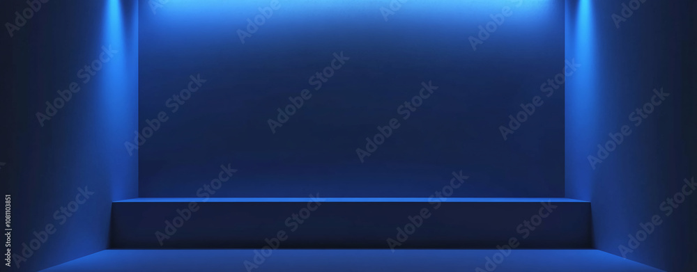 Poster A blue room with a single light source, creating a spotlight effect on the small platform in the center of the room