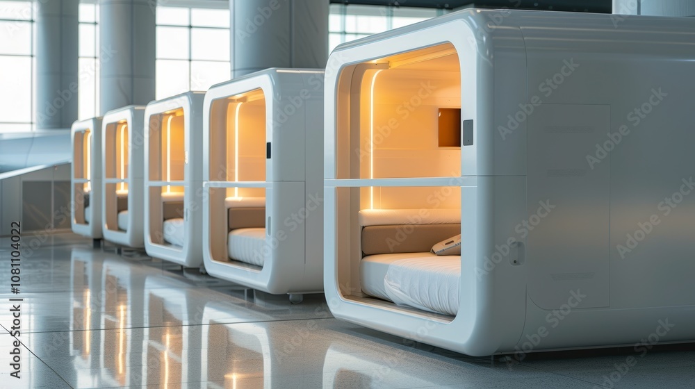 Poster modern sleep box in a futuristic terminal generative ai