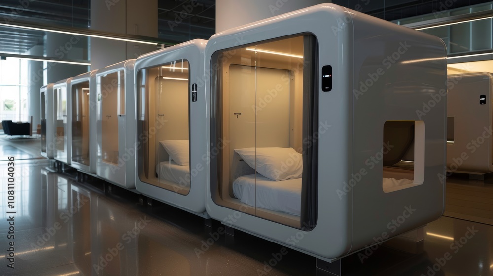 Poster modern sleep box in a futuristic terminal generative ai