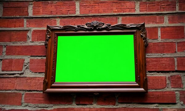 Picture frame with green screen. Red brick wall background. Generative AI