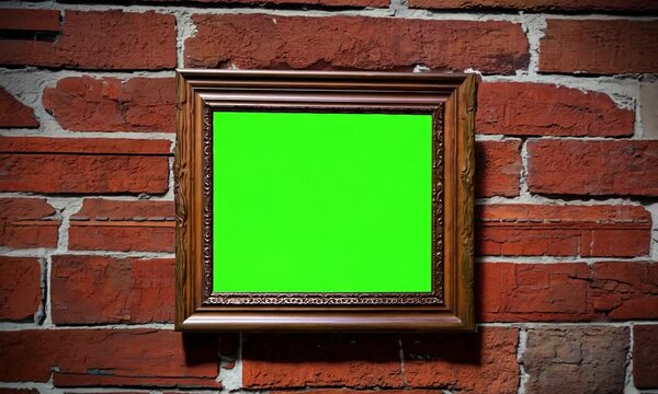 Picture frame with green screen. Red brick wall background. Generative AI