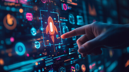 Obraz premium Hand interacting with a digital interface featuring a rocket launch icon, symbolizing business startup in a technological environment