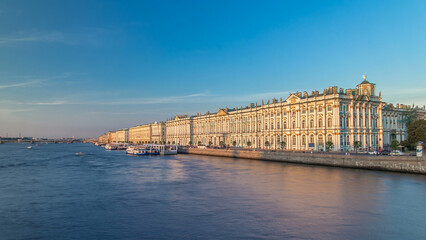 Fototapeta premium The winter Palace timelapse hyperlapse and pier on the Palace embankment clear day in summer in Saint-Petersburg