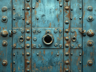 Fototapeta premium Theft and burglary prevention. A weathered blue metal door with rust and decorative bolts, featuring a circular keyhole at the center.