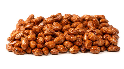 Tasty sweet roasted peanuts isolated on a white background.