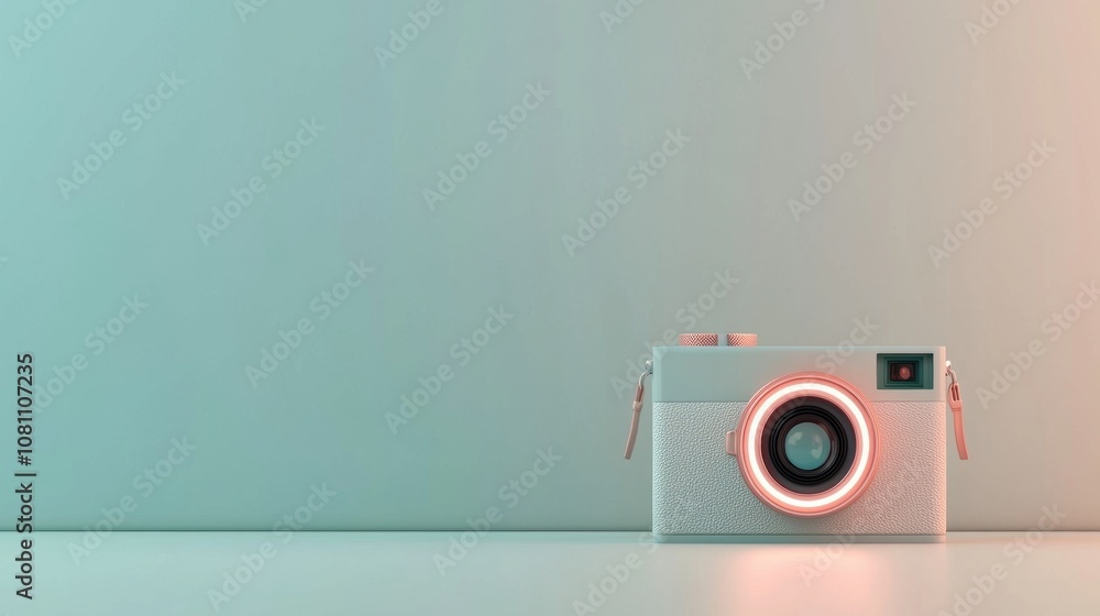 Poster a camera with a red light on it is sitting on a table