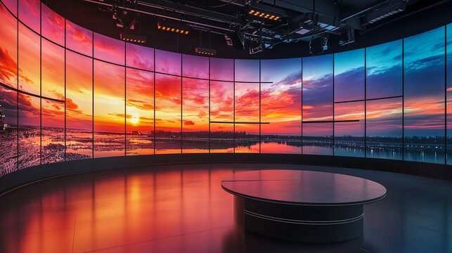 A curved LED screen displays a picturesque sunset over a cityscape, creating a realistic backdrop for a television studio - Powered by Adobe