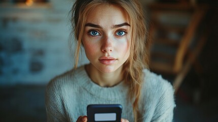 A woman holds a smartphone displaying a help sign, symbolizing support against domestic violence.